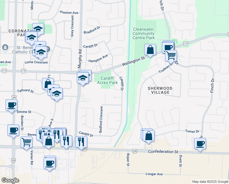 map of restaurants, bars, coffee shops, grocery stores, and more near 74 Fairview Crescent in Sarnia