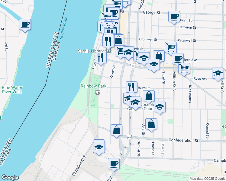map of restaurants, bars, coffee shops, grocery stores, and more near 186 Queen Street in Sarnia