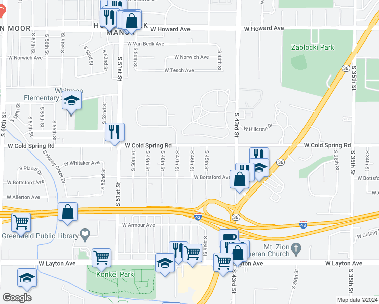 map of restaurants, bars, coffee shops, grocery stores, and more near 4311 South 46th Street in Greenfield