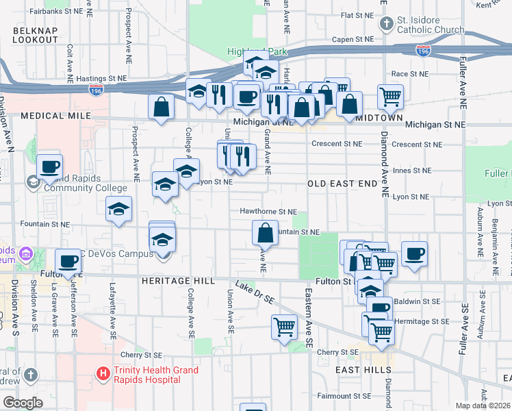 map of restaurants, bars, coffee shops, grocery stores, and more near 635 Hawthorne Street Northeast in Grand Rapids