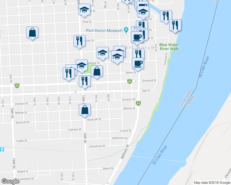 map of restaurants, bars, coffee shops, grocery stores, and more near 1720 Jay Street in Port Huron
