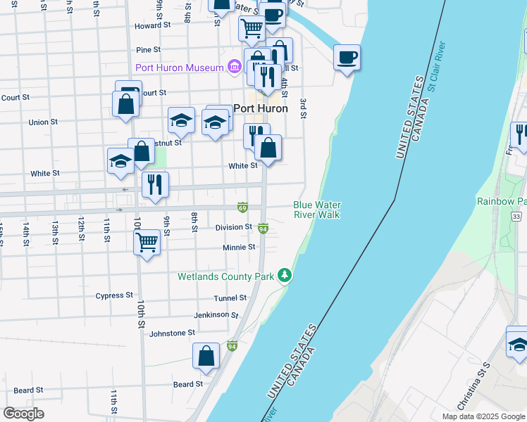 map of restaurants, bars, coffee shops, grocery stores, and more near 1723 Military Street in Port Huron