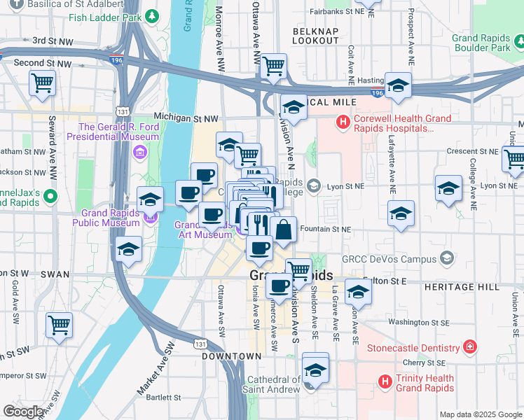 map of restaurants, bars, coffee shops, grocery stores, and more near 40 Pearl Street Northwest in Grand Rapids