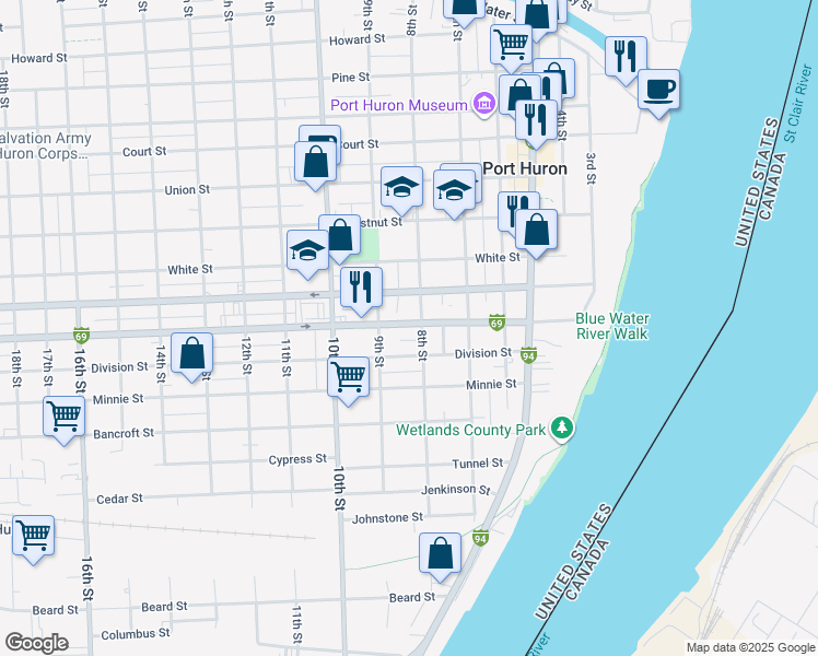 map of restaurants, bars, coffee shops, grocery stores, and more near 810 Oak Street in Port Huron
