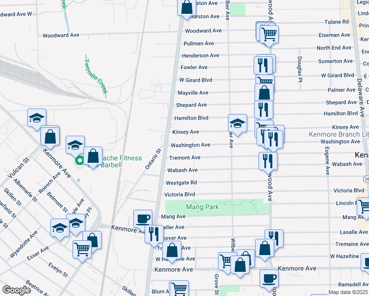 map of restaurants, bars, coffee shops, grocery stores, and more near 423 Tremont Avenue in Kenmore