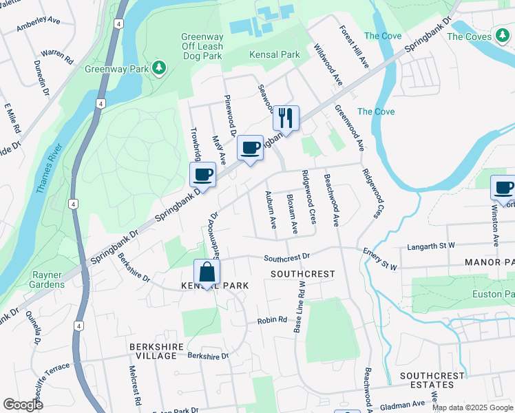 map of restaurants, bars, coffee shops, grocery stores, and more near 452 Ridgewood Crescent in London