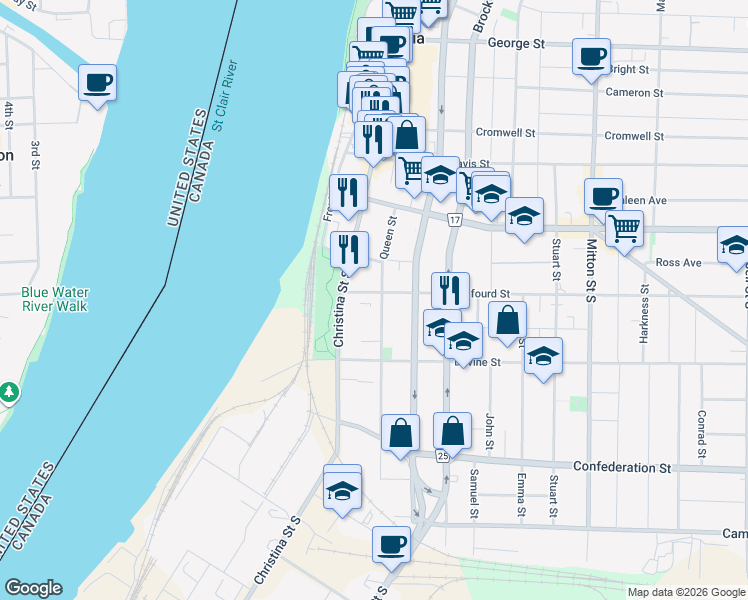 map of restaurants, bars, coffee shops, grocery stores, and more near 236 Christina Street South in Sarnia