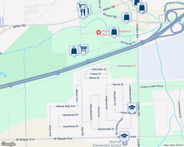 map of restaurants, bars, coffee shops, grocery stores, and more near 5176 Tokay Drive in Flint