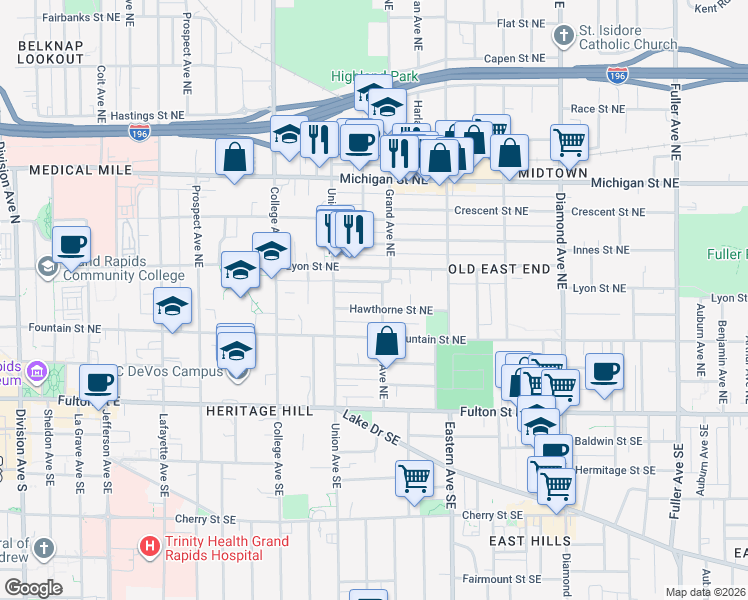 map of restaurants, bars, coffee shops, grocery stores, and more near 635 Hawthorne Street Northeast in Grand Rapids