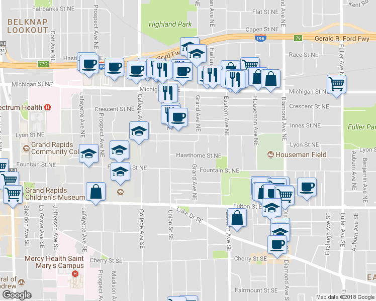 map of restaurants, bars, coffee shops, grocery stores, and more near 635 Hawthorne Street Northeast in Grand Rapids