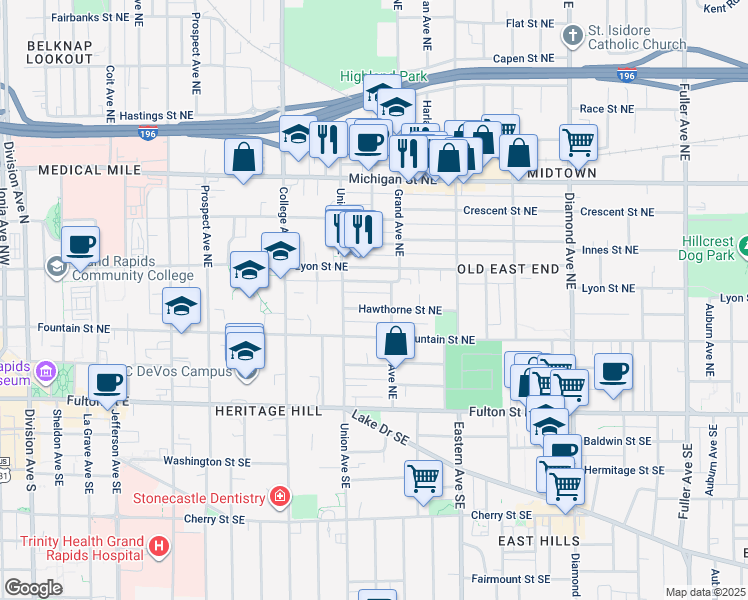 map of restaurants, bars, coffee shops, grocery stores, and more near 635 Hawthorne Street Northeast in Grand Rapids