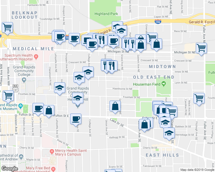 map of restaurants, bars, coffee shops, grocery stores, and more near 127 Union Avenue Southeast in Grand Rapids