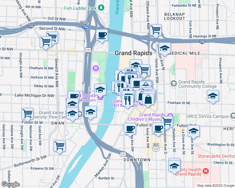 map of restaurants, bars, coffee shops, grocery stores, and more near 235 Louis Street Northwest in Grand Rapids