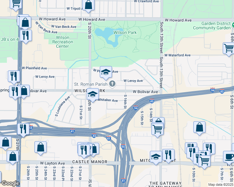 map of restaurants, bars, coffee shops, grocery stores, and more near 1600 West Whitaker Avenue in Milwaukee