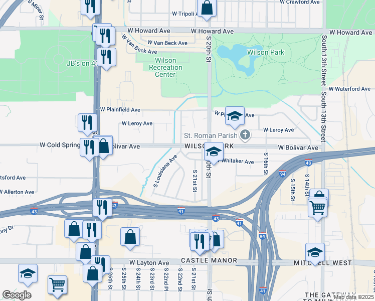 map of restaurants, bars, coffee shops, grocery stores, and more near 2116 West Whitaker Avenue in Milwaukee