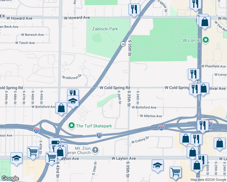 map of restaurants, bars, coffee shops, grocery stores, and more near 4315 South 36th Street in Greenfield