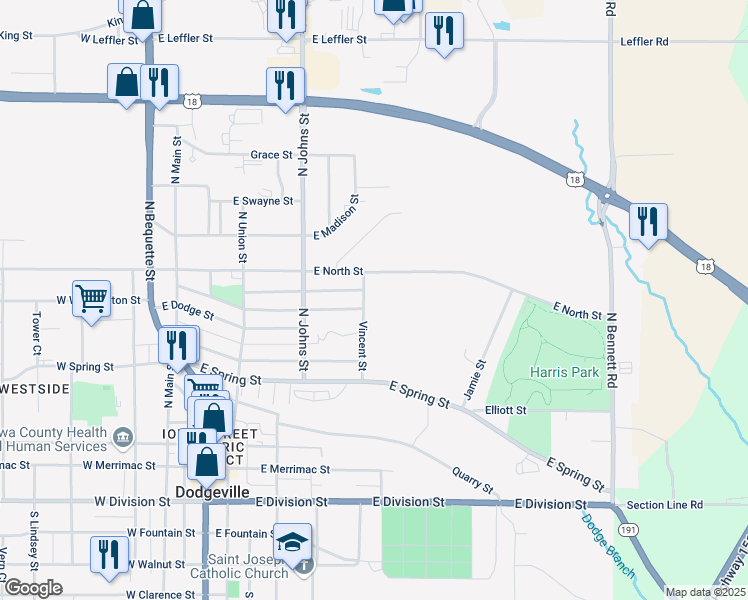 map of restaurants, bars, coffee shops, grocery stores, and more near 901 Vincent Street in Dodgeville