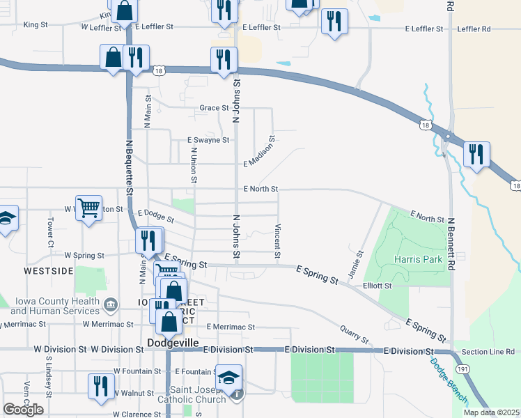 map of restaurants, bars, coffee shops, grocery stores, and more near 312 East Jewett Street in Dodgeville