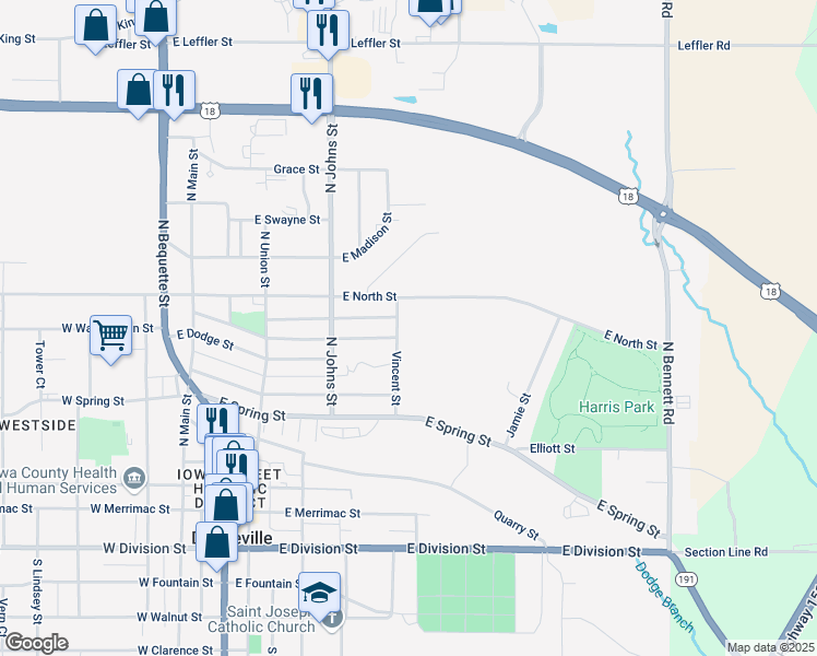 map of restaurants, bars, coffee shops, grocery stores, and more near 901 Vincent Street in Dodgeville