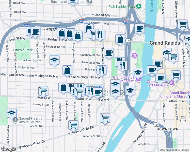 map of restaurants, bars, coffee shops, grocery stores, and more near 131 Lexington Avenue Northwest in Grand Rapids