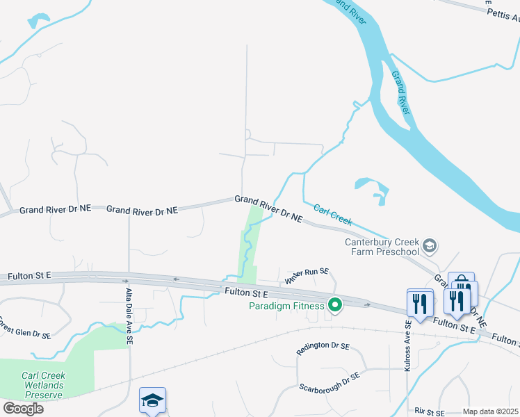 map of restaurants, bars, coffee shops, grocery stores, and more near 6230 Grand River Drive Northeast in Ada