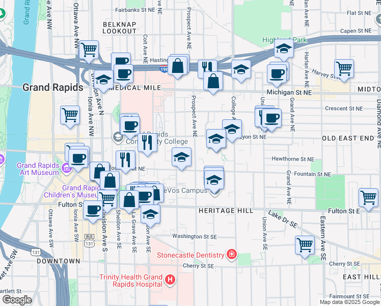 map of restaurants, bars, coffee shops, grocery stores, and more near 139 Prospect Avenue Northeast in Grand Rapids