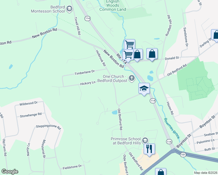 map of restaurants, bars, coffee shops, grocery stores, and more near 18 Holbrook Road in Bedford