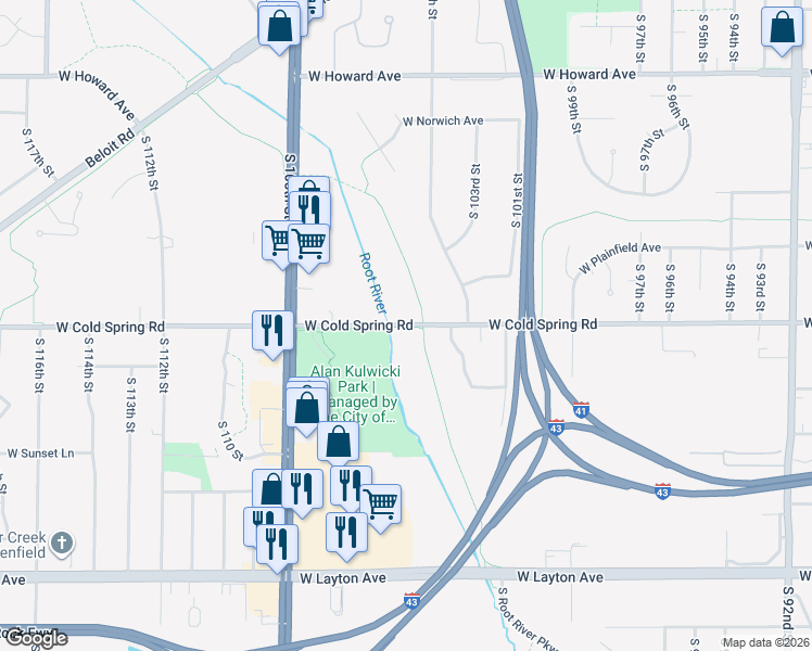 map of restaurants, bars, coffee shops, grocery stores, and more near 10449 West Cold Spring Road in Greenfield