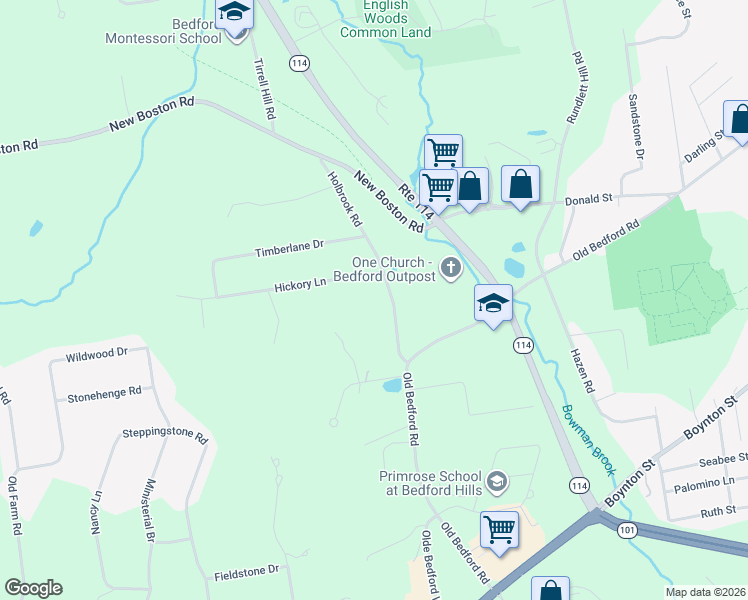 map of restaurants, bars, coffee shops, grocery stores, and more near 18 Holbrook Road in Bedford