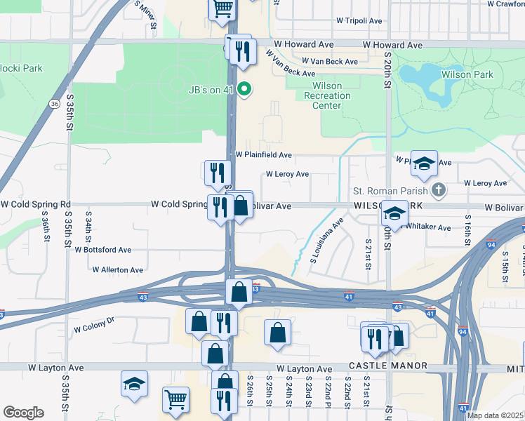 map of restaurants, bars, coffee shops, grocery stores, and more near 2513 West Bolivar Avenue in Milwaukee