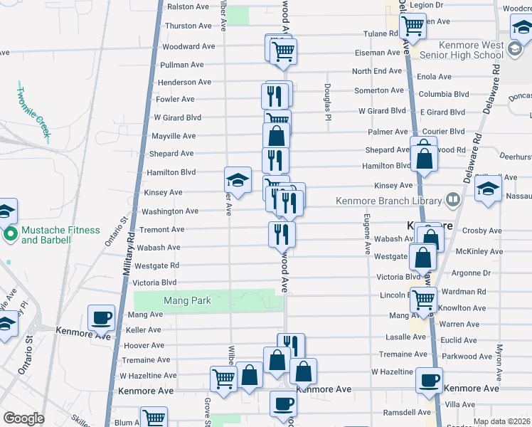 map of restaurants, bars, coffee shops, grocery stores, and more near 259 Tremont Avenue in Kenmore
