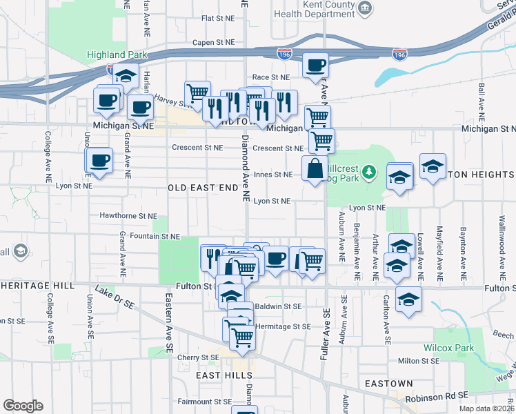 map of restaurants, bars, coffee shops, grocery stores, and more near 1011 Vernon Street Northeast in Grand Rapids
