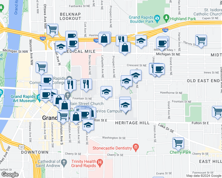 map of restaurants, bars, coffee shops, grocery stores, and more near 117 Prospect Avenue Northeast in Grand Rapids