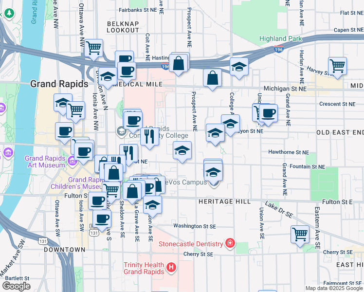 map of restaurants, bars, coffee shops, grocery stores, and more near 119 Lafayette Avenue Northeast in Grand Rapids