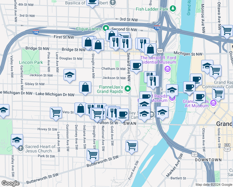 map of restaurants, bars, coffee shops, grocery stores, and more near 648 Lake Michigan Drive Northwest in Grand Rapids