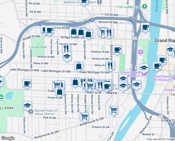 map of restaurants, bars, coffee shops, grocery stores, and more near 758 Lake Michigan Drive Northwest in Grand Rapids