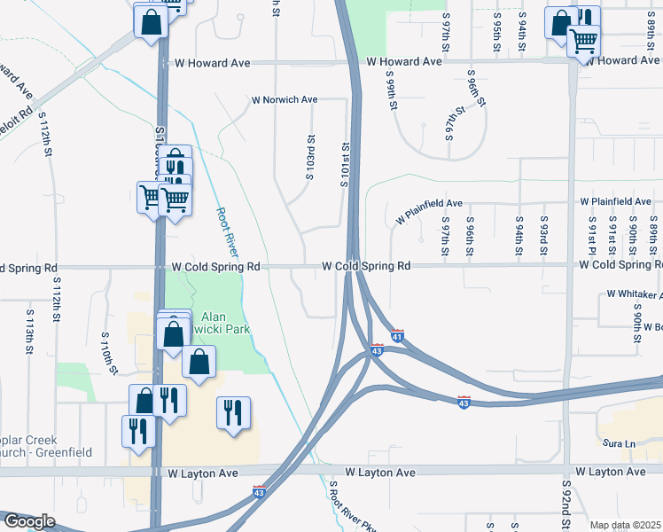map of restaurants, bars, coffee shops, grocery stores, and more near 10115 W Cold Spring Rd in Greenfield