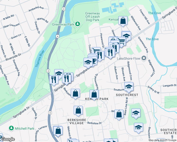 map of restaurants, bars, coffee shops, grocery stores, and more near 464 Springbank Drive in London