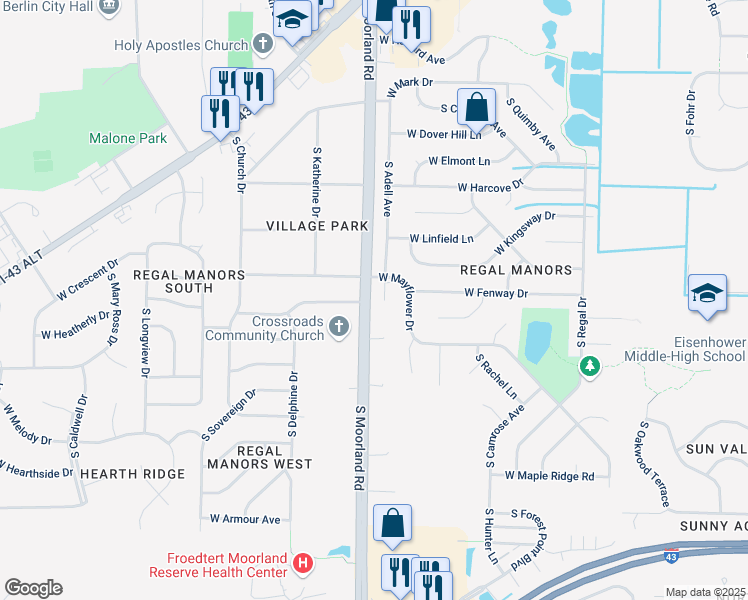 map of restaurants, bars, coffee shops, grocery stores, and more near 4310 South Moorland Road in New Berlin