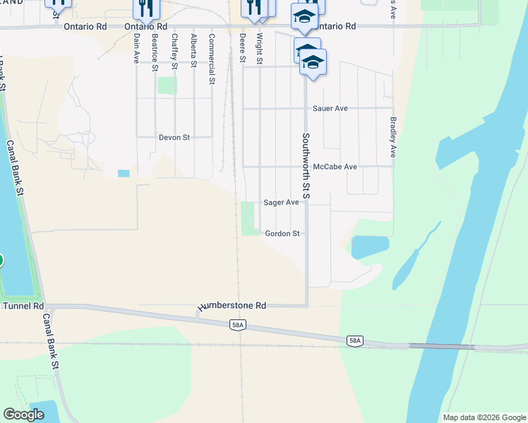 map of restaurants, bars, coffee shops, grocery stores, and more near 825 Wright Street in Welland