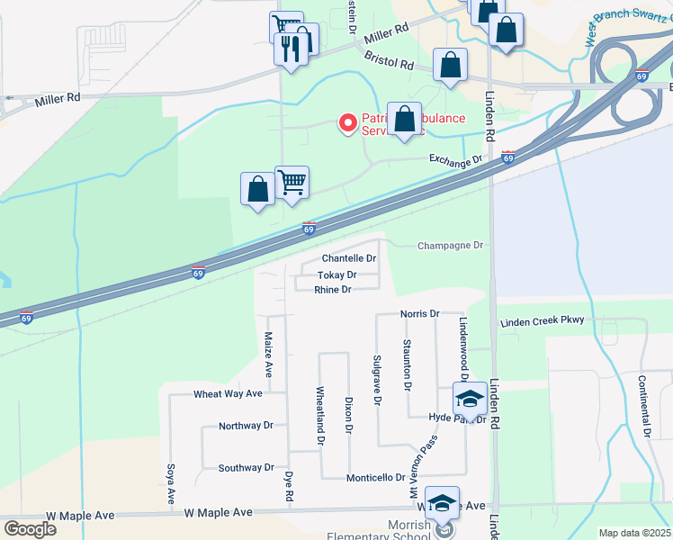 map of restaurants, bars, coffee shops, grocery stores, and more near 5176 Tokay Drive in Flint
