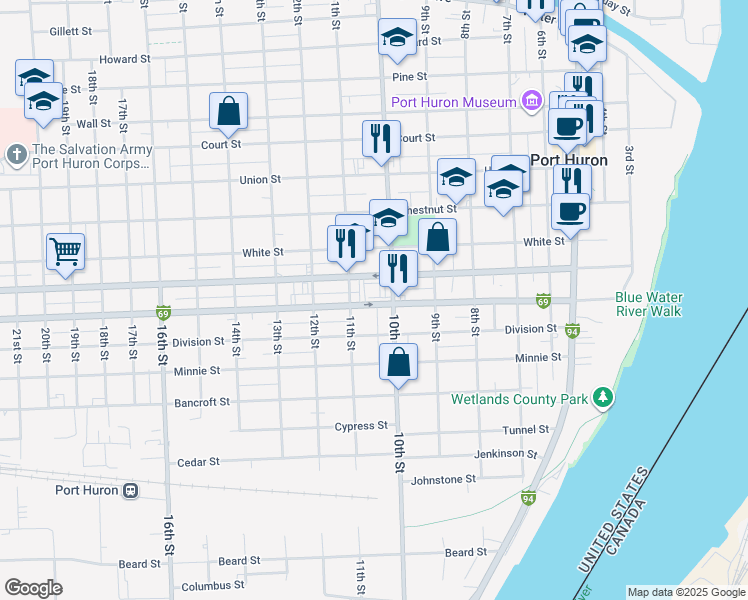 map of restaurants, bars, coffee shops, grocery stores, and more near 1034 Oak Street in Port Huron