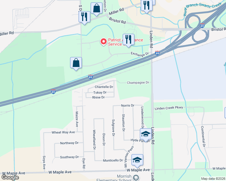 map of restaurants, bars, coffee shops, grocery stores, and more near 5140 Tokay Drive in Flint