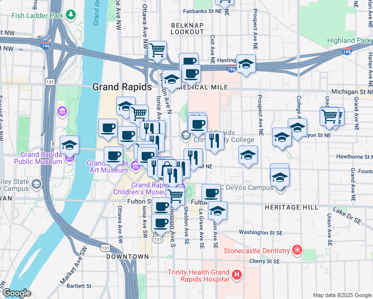 map of restaurants, bars, coffee shops, grocery stores, and more near 143 Bostwick Avenue Northeast in Grand Rapids