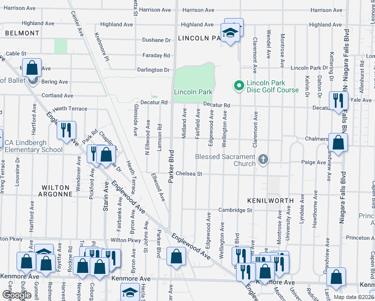 map of restaurants, bars, coffee shops, grocery stores, and more near 181 Midland Avenue in Buffalo