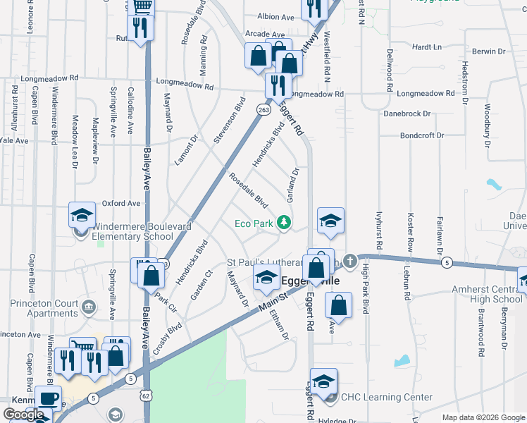 map of restaurants, bars, coffee shops, grocery stores, and more near 41 Olney Drive in Buffalo