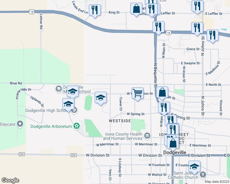 map of restaurants, bars, coffee shops, grocery stores, and more near 423 West Washington Street in Dodgeville