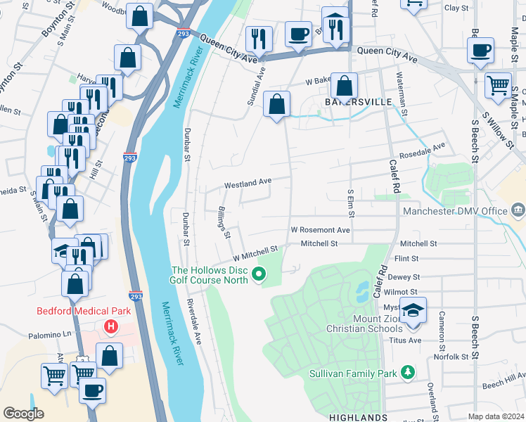 map of restaurants, bars, coffee shops, grocery stores, and more near 230 West Elmwood Avenue in Manchester