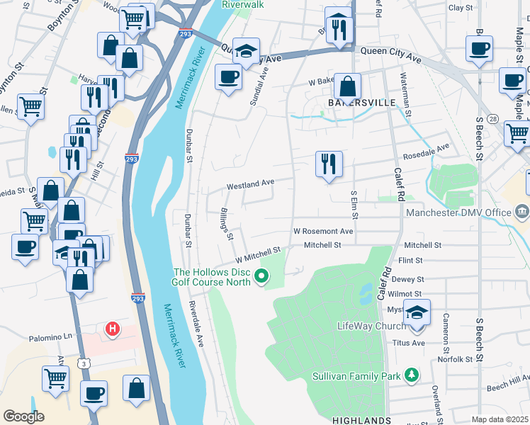 map of restaurants, bars, coffee shops, grocery stores, and more near 230 West Elmwood Avenue in Manchester