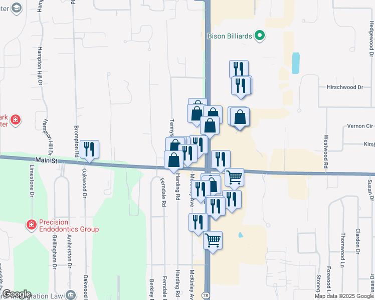 map of restaurants, bars, coffee shops, grocery stores, and more near 6832 Main Street in Williamsville